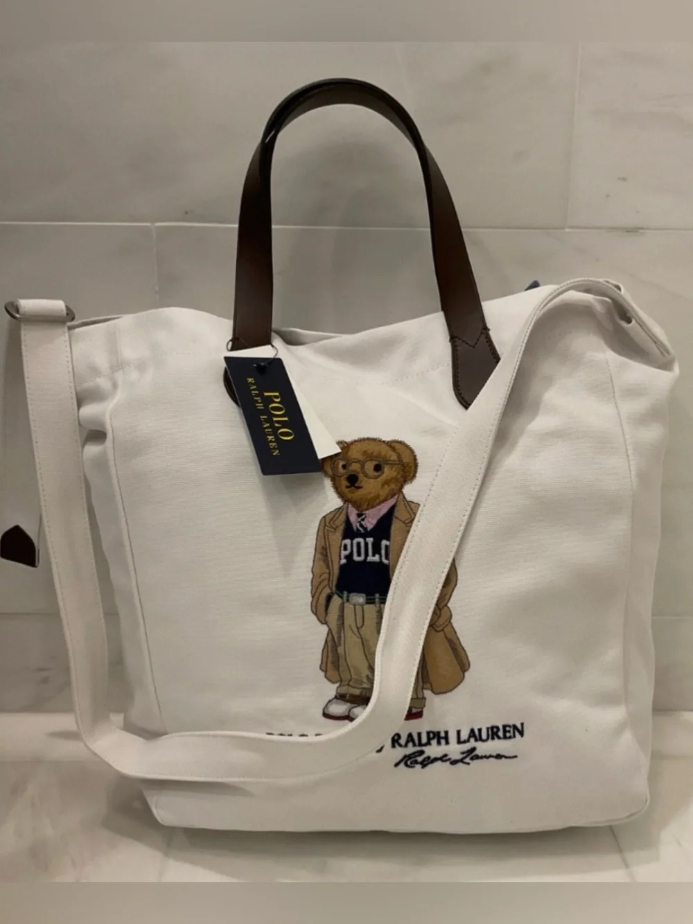 Polo Ralph Lauren White COLLEGIATE BEAR Canvas Embroidered SHOPPER Tote Bag